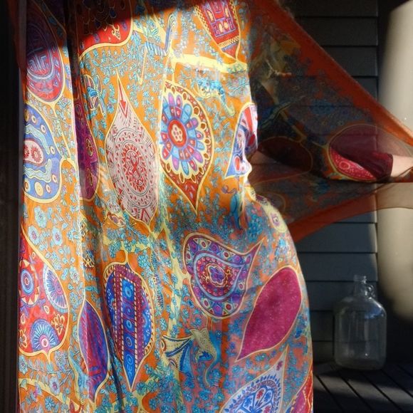 Gossamer silk blend scarf in orange yellow and green motif - Picture 9 of 13